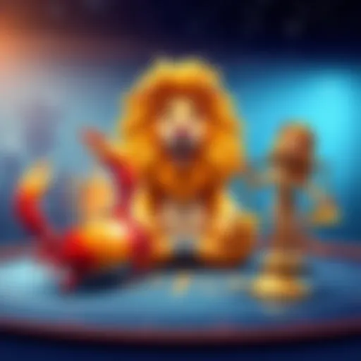 A playful scene depicting three zodiac signs: Cancer represented by a crab, Leo symbolized by a lion, and Libra illustrated by a scale. Each character showcases their unique traits in a fun game setti...