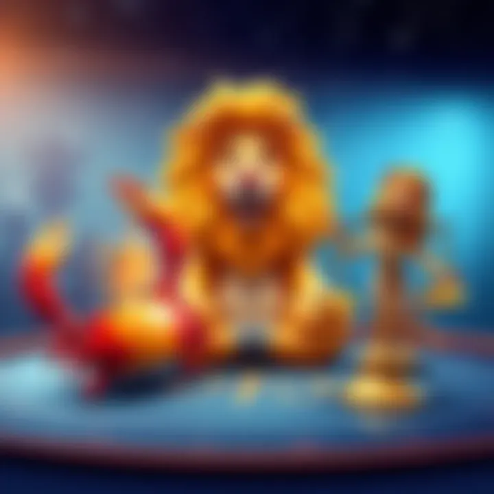 A playful scene depicting three zodiac signs: Cancer represented by a crab, Leo symbolized by a lion, and Libra illustrated by a scale. Each character showcases their unique traits in a fun game setti...