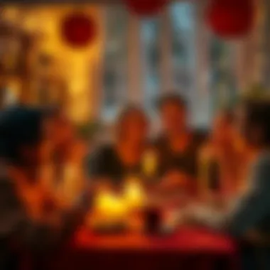 A group of friends laughing and trying to guess each other's names and astrological signs at a cozy gathering with candles and decorations.