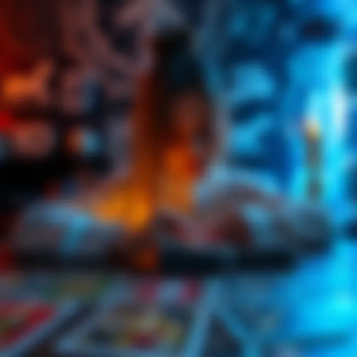 A person looking at tarot cards on a table with astrological symbols in the background, reflecting on emotions and intuition.