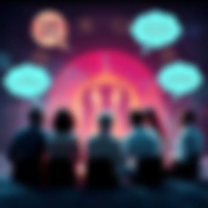 A group of people discussing astrology and morality, with zodiac symbols in the background, surrounded by thought bubbles representing different beliefs about revenge and ethics.