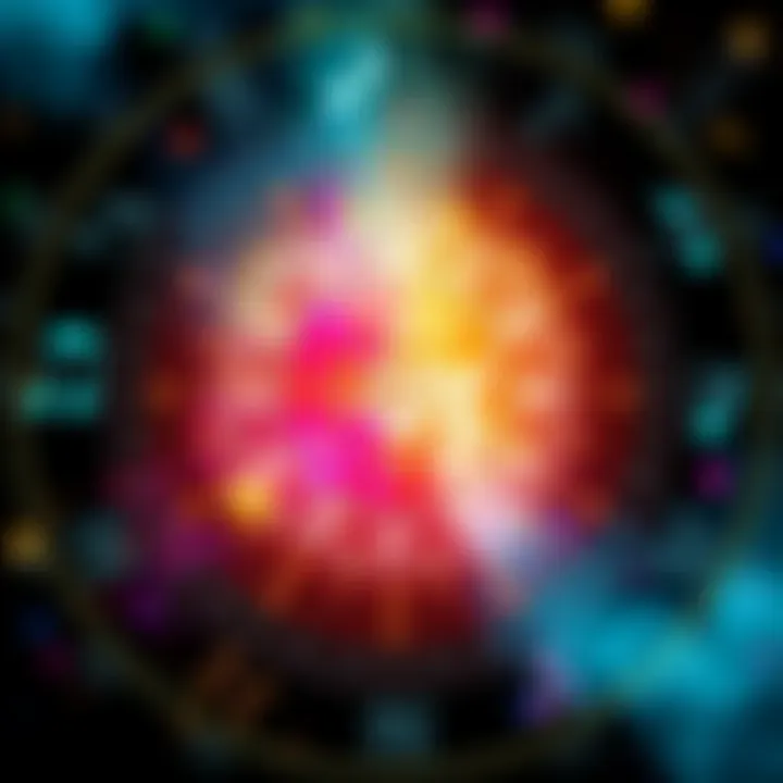 A colorful astrology chart featuring zodiac signs and musical notes around it, symbolizing the connection between astrology and music taste.