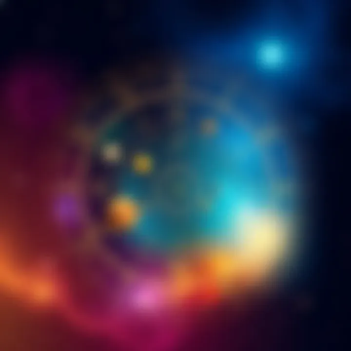 Astrology Natal Chart A colorful illustration of a natal chart showing planets and zodiac signs against a starry background.