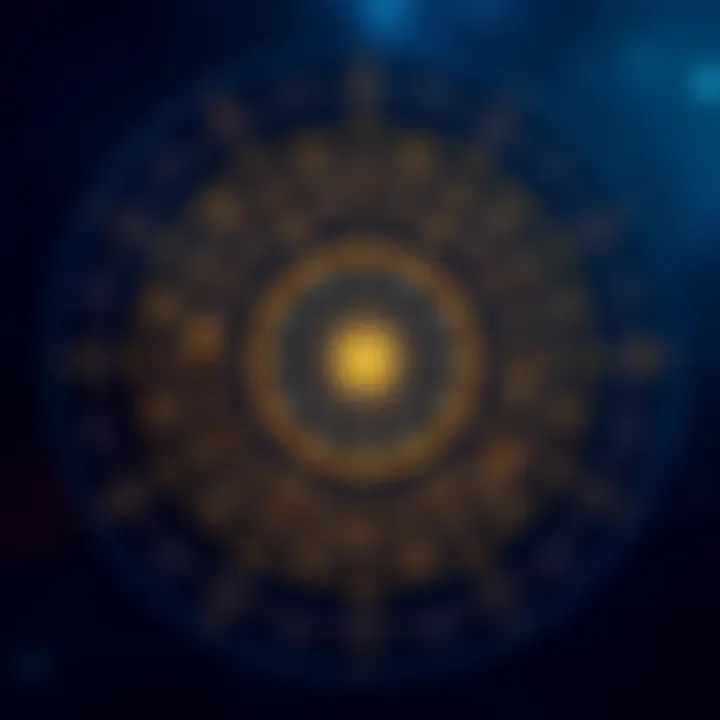 A colorful natal chart showing zodiac signs and planetary positions with symbols and lines connecting them.