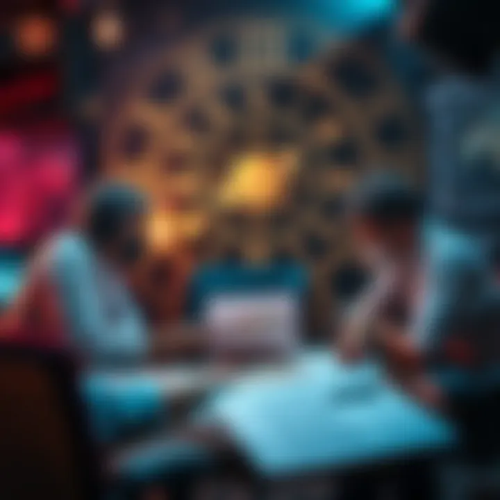 Astrologers gather charts and tools while discussing planetary movements and potential lockdowns, with astrological symbols in the background.