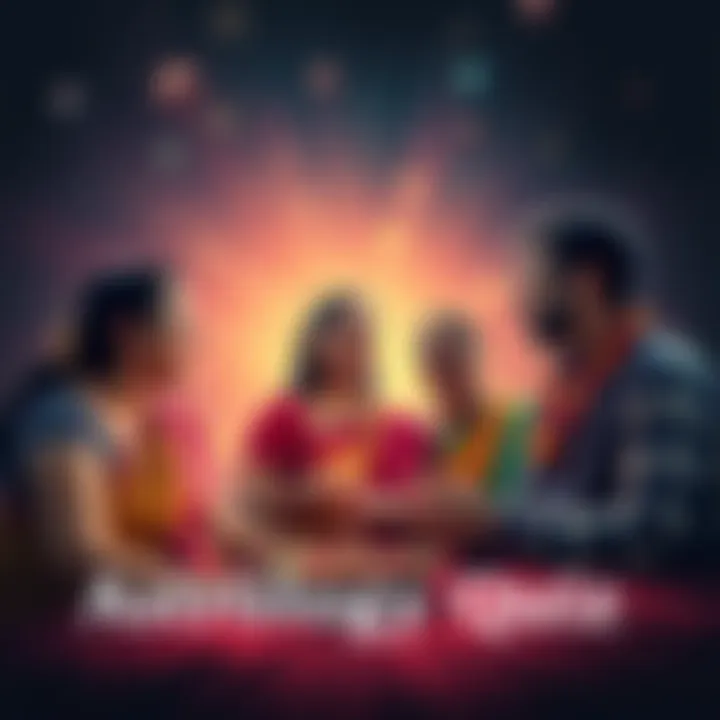 A group of married couples engaging in a fun quiz about astrology, discussing their 7th lord planet and nakshatra, with laughter and enjoyment.