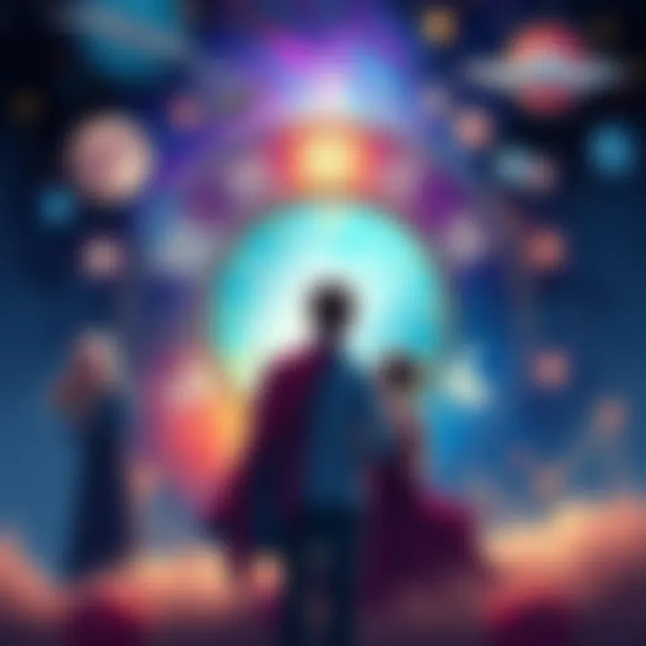 A cosmic background featuring planets and zodiac signs intermingling to represent love and relationships