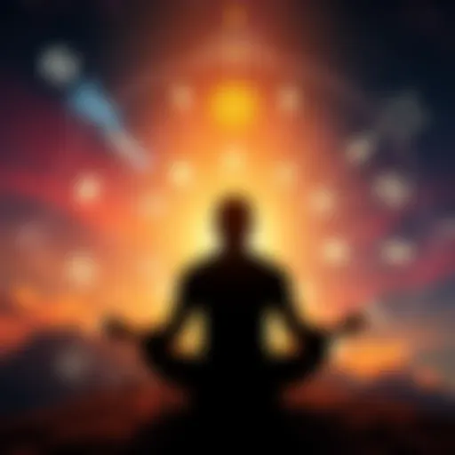 A person meditating with astrological symbols and house charts surrounding them, representing a personal transformation journey over 43 days.