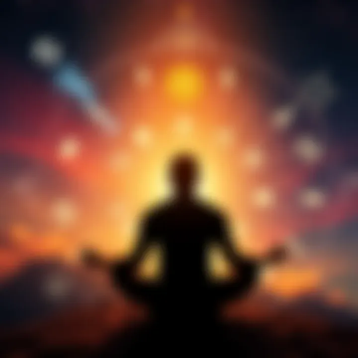 Astrology Remedies Concept A person meditating with astrological symbols and house charts surrounding them, representing a personal transformation journey over 43 days.