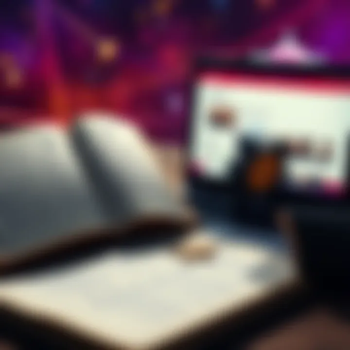 An open book with astrological symbols and a laptop showing a forum page, symbolizing learning about astrology online.