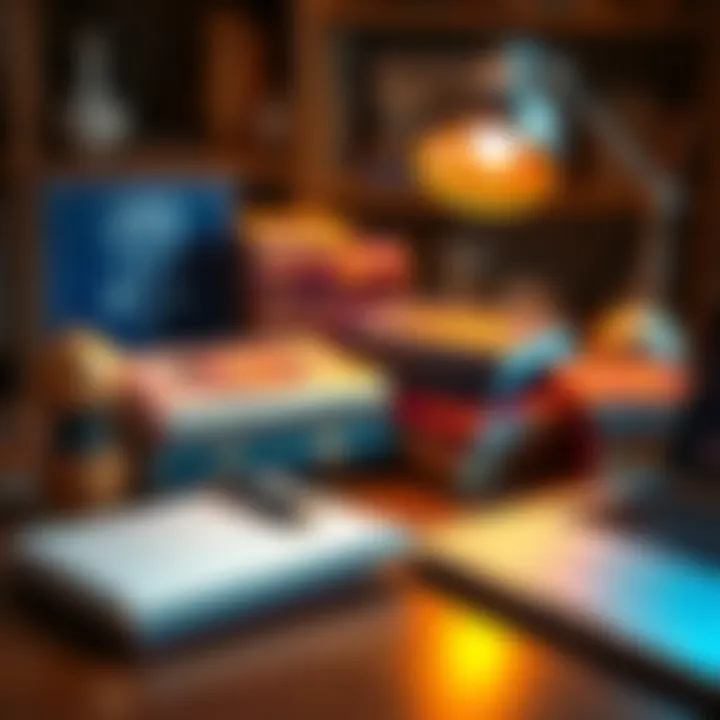 A collection of astrology books, a notebook, and a laptop on a desk, representing resources for horoscope writing.