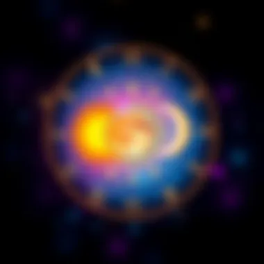 A vibrant illustration showing the sun, moon, and rising signs with zodiac symbols against a starry background.