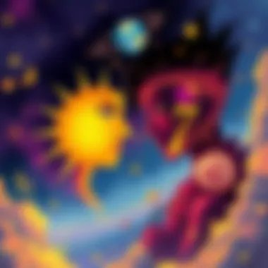 Illustration showing the relationship between 5th and 7th Sun signs in astrology with cosmic elements like stars and planets