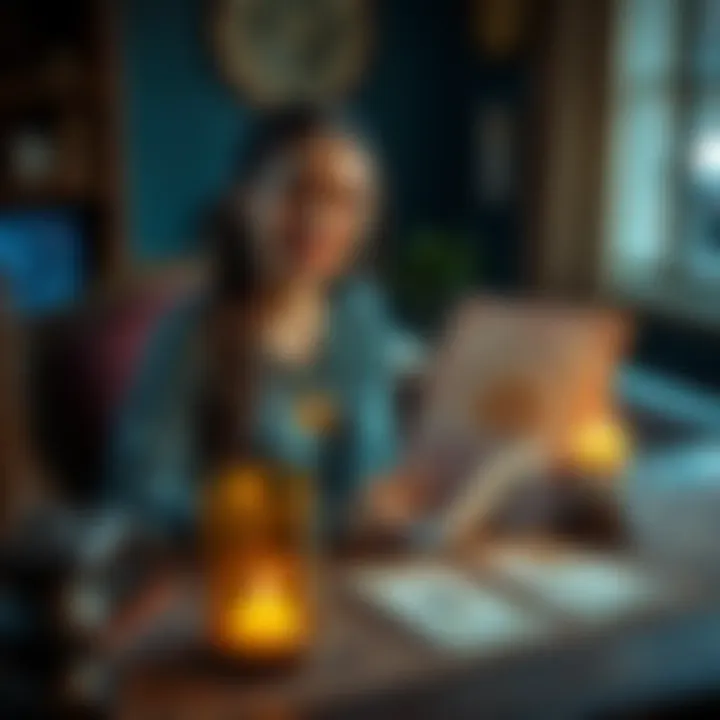 A young woman sits at a table with astrology charts and tarot cards, inviting people for free readings, smiling and ready to help them understand their personality traits.