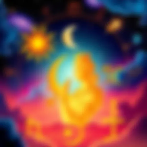 A colorful illustration of the sun, moon, and rising signs symbolizing the astrological big three, with Mercury symbol representing communication