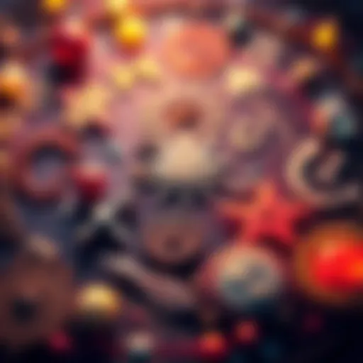 A colorful arrangement of zodiac signs and planetary symbols representing astrology concepts including Sun signs and stelliums.