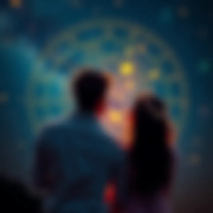 A visual representation of Vedic and sidereal astrology symbols alongside a couple looking at star charts, symbolizing the focus on relationships and marriage in astrology.