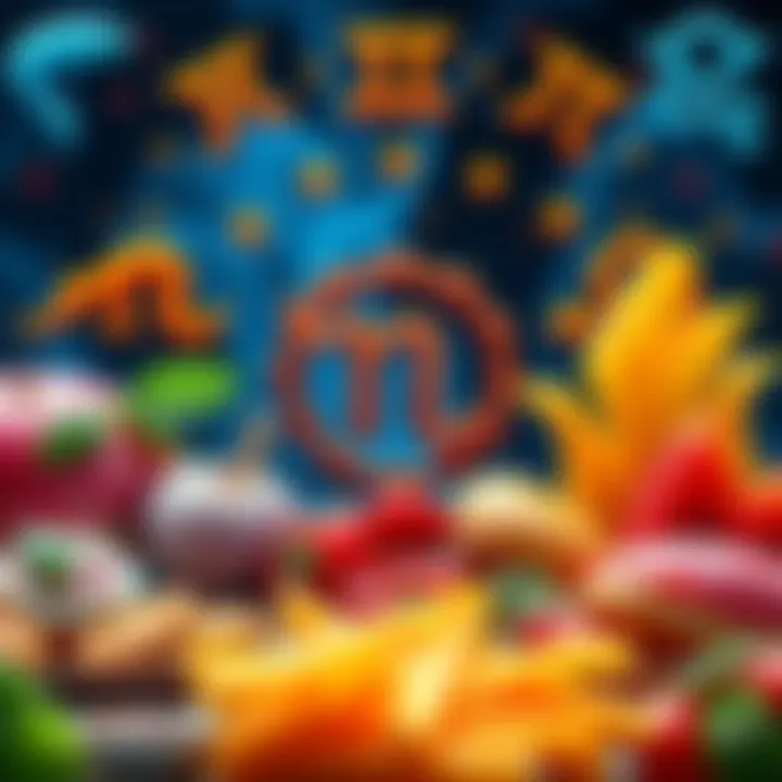 A colorful display of astrological symbols alongside various delicious foods representing ideal partnerships.