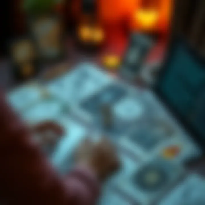 A person using a laptop with tarot cards and astrology charts spread out on a table, representing AI-generated readings.