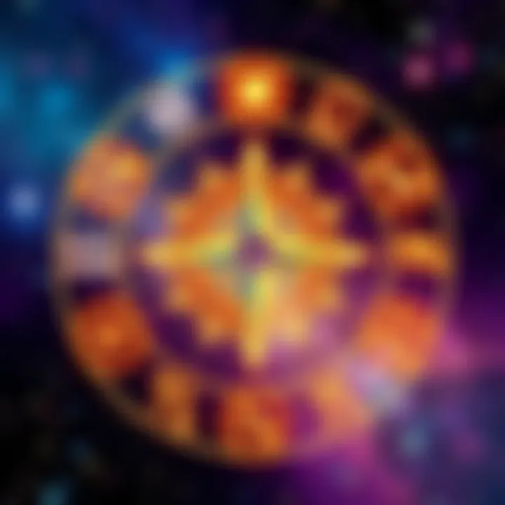 An illustration of zodiac signs with symbols representing each one, showcasing a starry background.