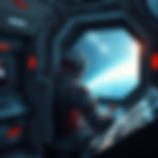 An astronaut seated at a control panel, looking out of a window at the stars, reflecting on his feelings of loneliness and duty.