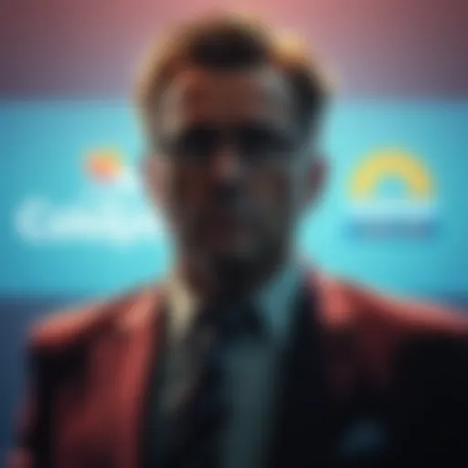 A representation of a CEO facing scrutiny with Coldplay and Eastman Credit Union logos in the background.