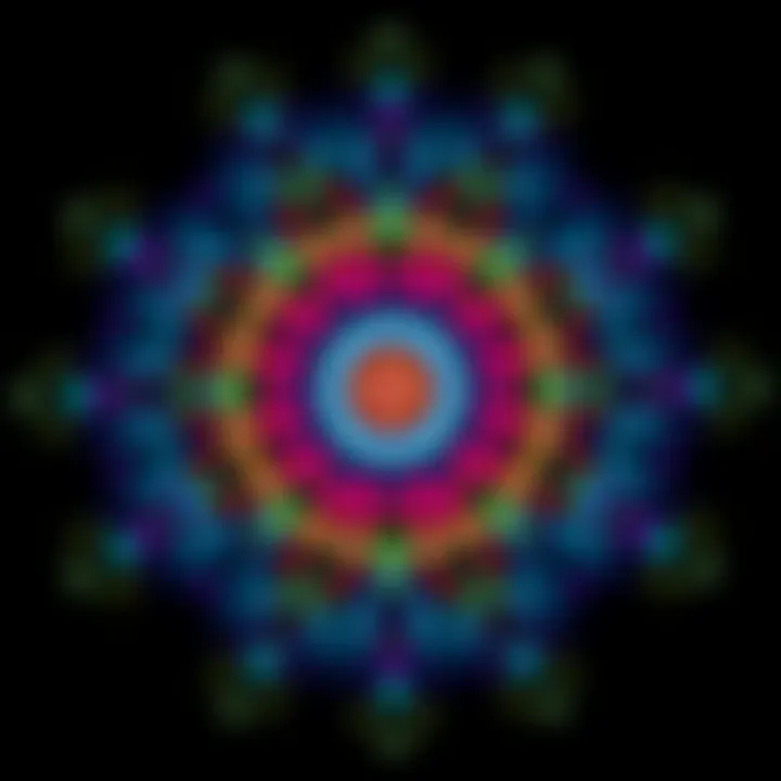 A colorful asymmetrical mandala featuring various shapes and patterns, symbolizing personal reflection.