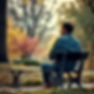 Atheist Reflecting on Faith A person sitting on a park bench, looking thoughtful, surrounded by nature, pondering the concept of faith and change in life.
