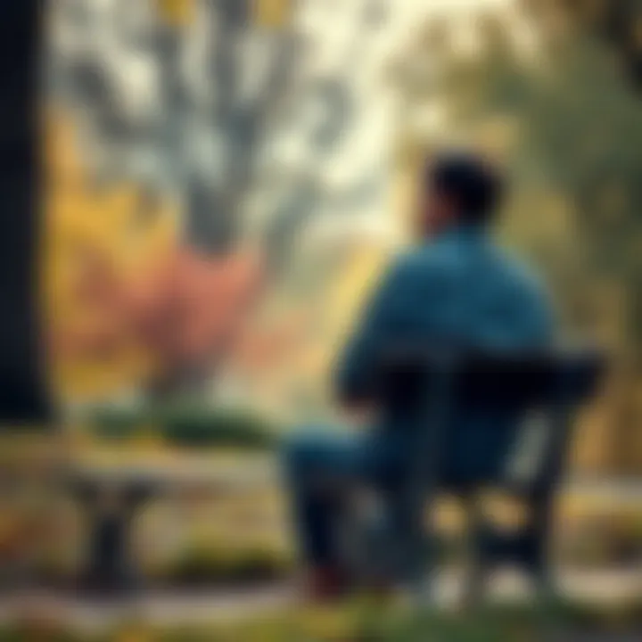 Atheist Reflecting on Faith A person sitting on a park bench, looking thoughtful, surrounded by nature, pondering the concept of faith and change in life.