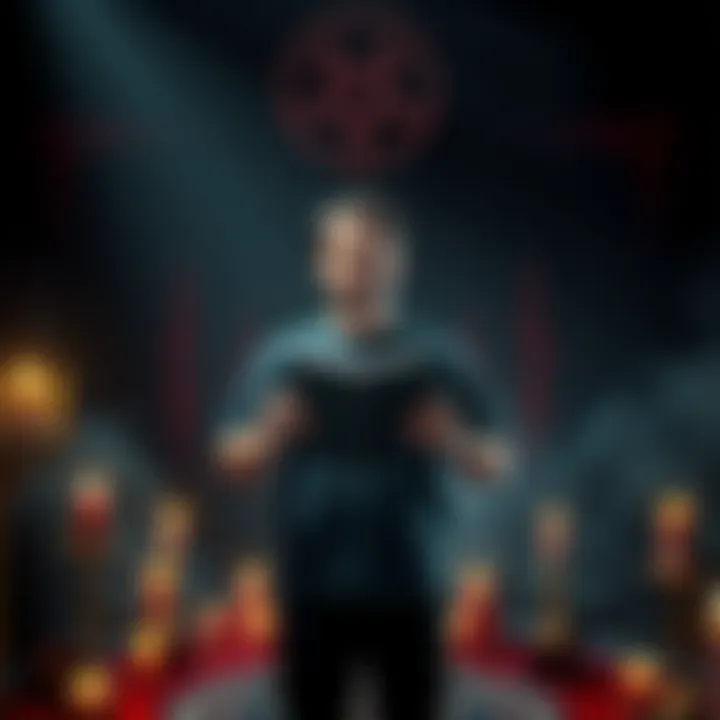 A person standing confidently in a dark environment, surrounded by symbols of Satanism, holding a book labeled 'Atheistic Beliefs'. The expression is calm, challenging stereotypes.