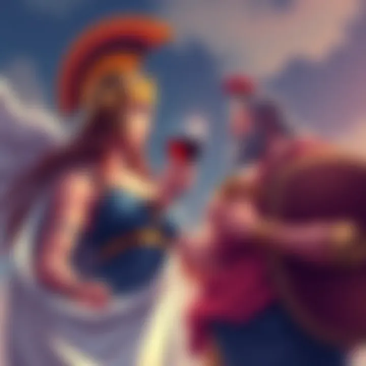 Athena and Dionysus Artwork A colorful illustration showing Athena with her helmet and shield alongside Dionysus holding a wine cup, representing their connection.