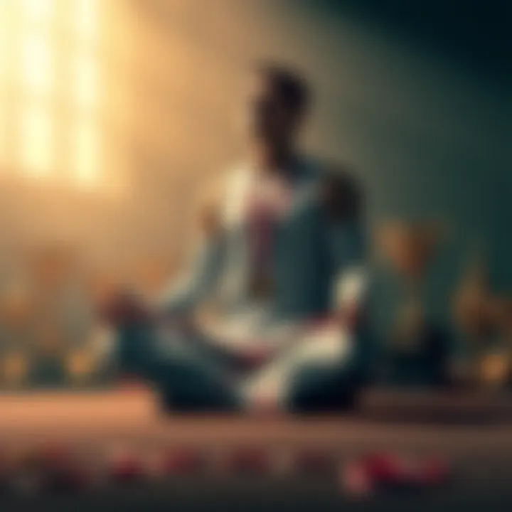 An athlete sitting cross-legged in meditation, surrounded by trophies and medals, symbolizing the balance between ambition and inner peace.