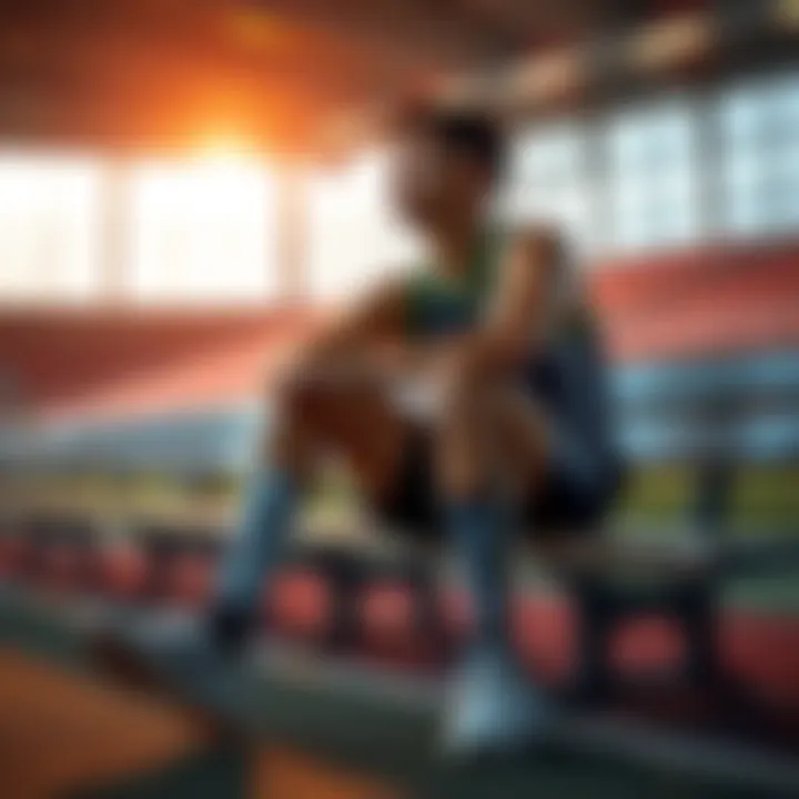 Athlete with prosthetic leg A former athlete sits on a bench, revealing a prosthetic leg while looking thoughtful and reflective.