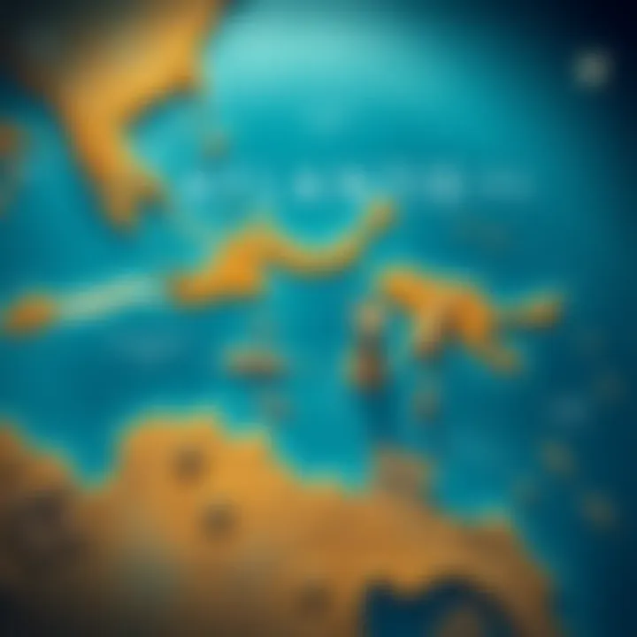A map showing the likely location of Atlantis in the western Mediterranean, near the pillars of Heracles, with water and ancient structures represented.