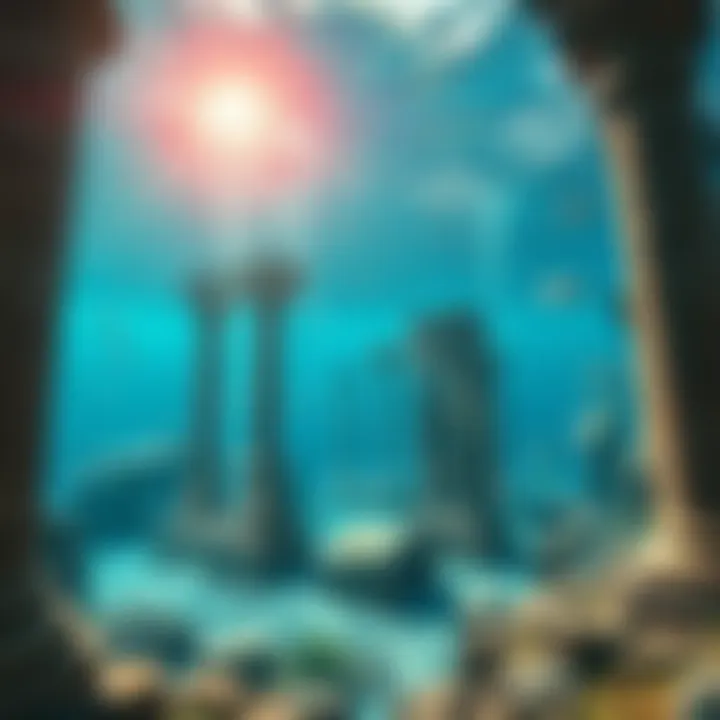 Underwater view of ancient city ruins, resembling a sunken civilization with columns and stone structures.