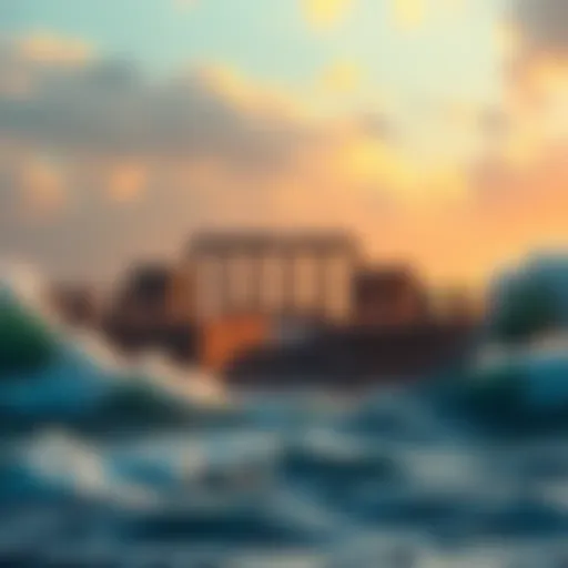 An artistic representation of the lost city of Atlantis, showing ruins surrounded by ocean waves, symbolizing pride and spiritual lessons