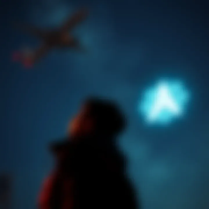 A person looking up at Atlas 31, a glowing symbol representing hopes and aspirations against a night sky.