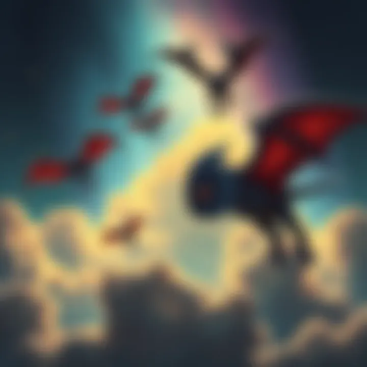 A colorful depiction of mysterious creatures flying through a night sky filled with stars and clouds.