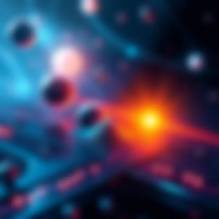 An illustration showing atoms represented as waves of energy, with a depiction of the double slit experiment demonstrating particle behavior.