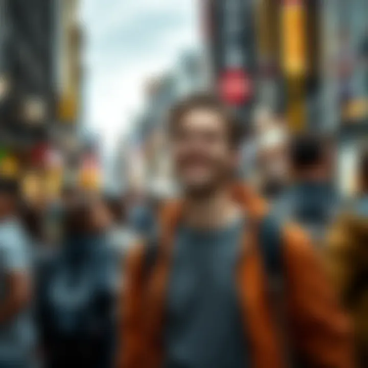 A person with a warm smile stands confidently in a busy street, drawing the gaze of passersby.