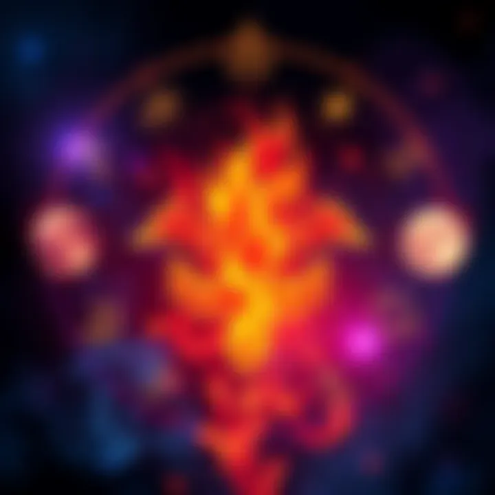 A vibrant illustration showcasing fire signs with symbols for Mars, Venus, and Moon, representing attraction dynamics.