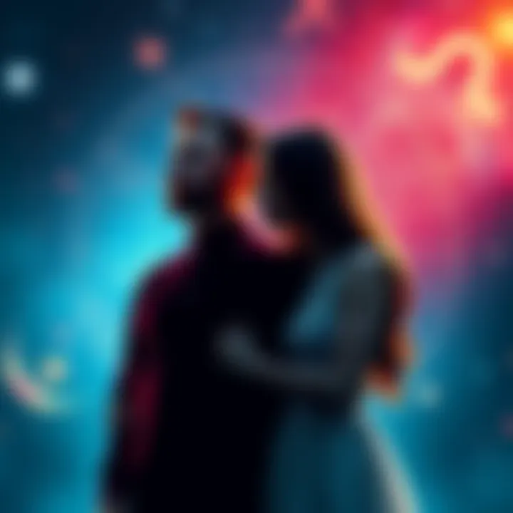 Attraction in Astrology Couple representing Mars in Aquarius and Leo or Aquarius rising, with astrological symbols in the background