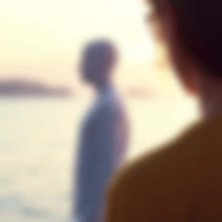A person looking pensive while observing a distant figure, symbolizing attraction to avoidant personalities, with soft lighting and a calm background.
