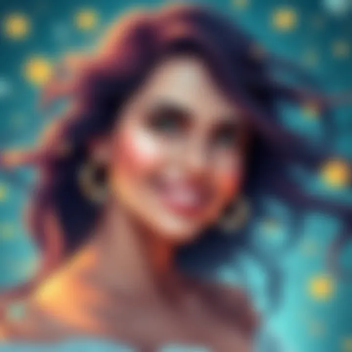 A smiling Aquarius woman with flowing hair, surrounded by stars, symbolizing her unique personality and charm.