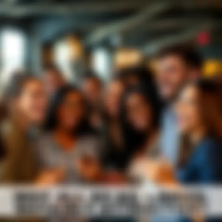 A diverse group of attractive individuals smiling and enjoying each other's company in a lively setting.
