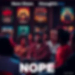 Group of people sharing opinions about Jordan Peele's NOPE film, with movie posters in the background