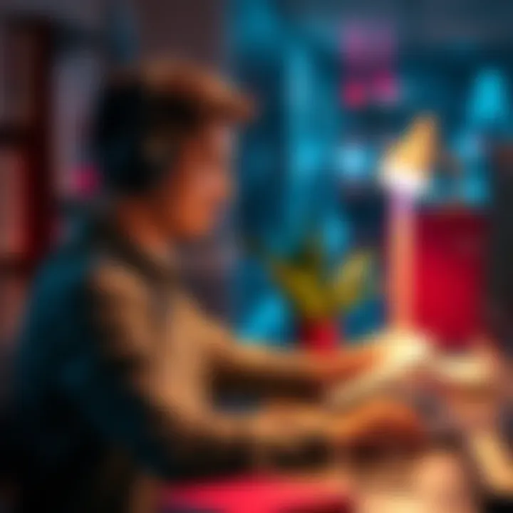 A person enjoying an audiobook on Spotify with headphones while working at a desk