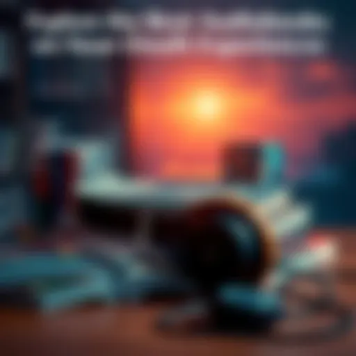 A collection of audiobooks focused on near-death experiences resting on a table with headphones nearby.