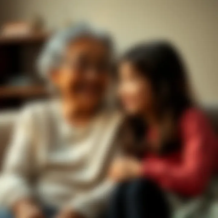 A great-aunt and her niece sit together, the aunt smiling and referring to her niece as a fairy, conveying a sense of warmth and connection.