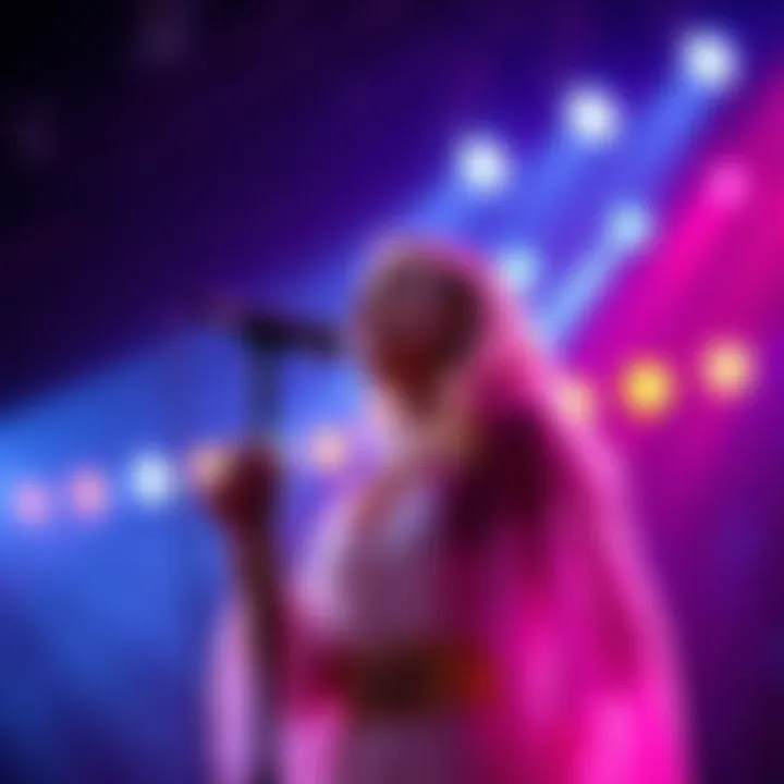 Aurora performs her song 'Artemis' with colorful lights in the background